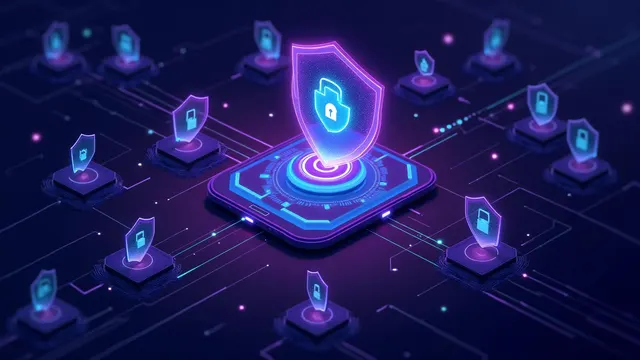 Futuristic cybersecurity illustration showing blockchain networks protected by shields and security locks with purple and cyan gradients with crypto security best practices and trading bot protection