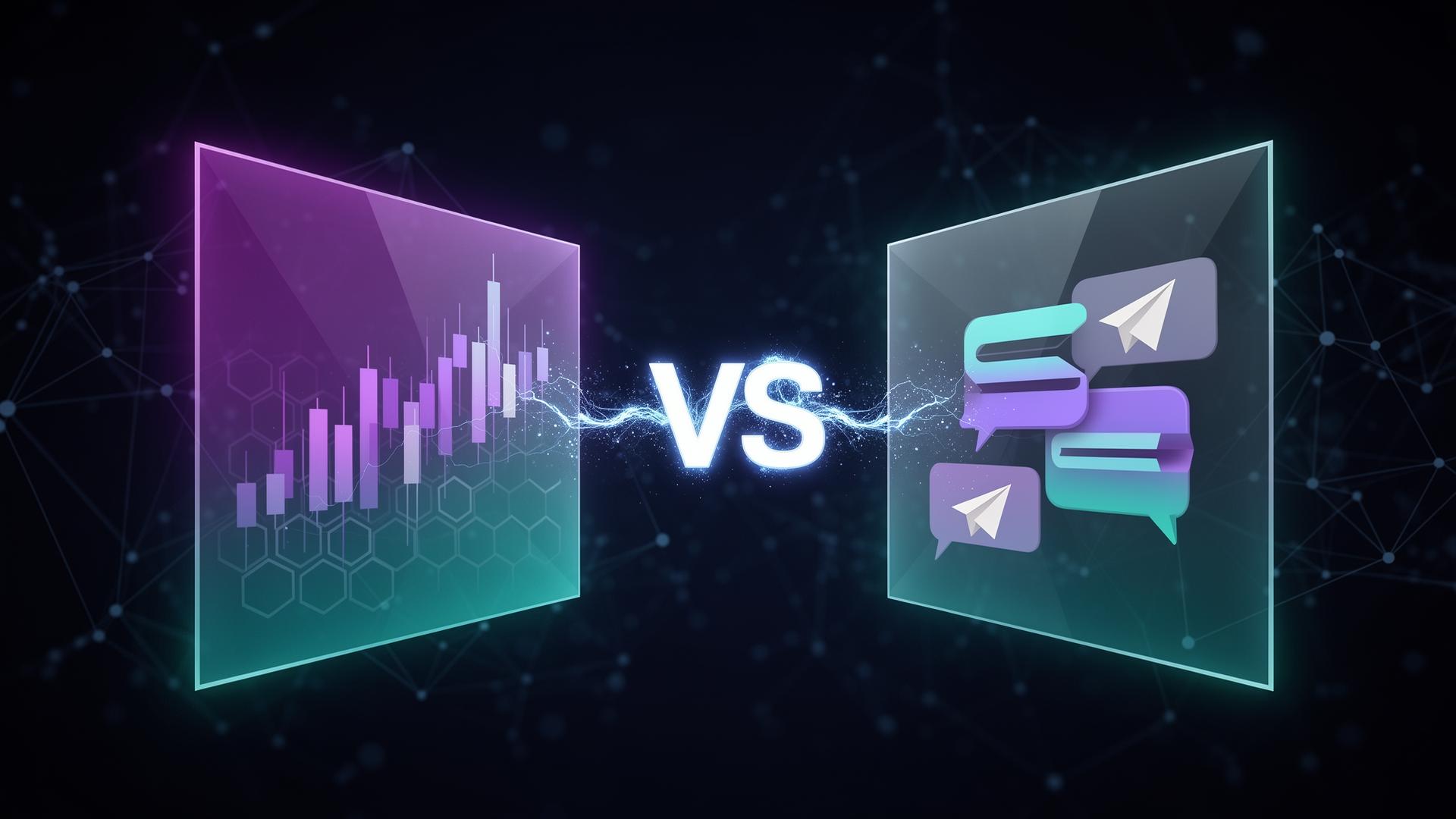 Side-by-side glass panels comparing a Solana sniper bot dashboard with abstract candlestick charts versus a Telegram bot chat-bubble interface, joined by an electric VS energy bridge with AI sniper bot crypto techniques and automatic token sniping